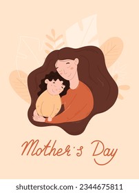International holiday mothers day. Flat woman hugging baby daughter. Vector postcard, child and parent embracing.