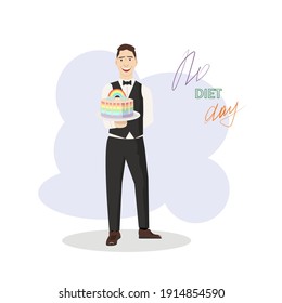 International holiday  No Diet Day. A man waiter holds a dish with a delicious rainbow cake in his hand. Can be used for poster, brochure, poster or any other design. 6 of May. Vector illustration. 