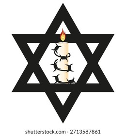 Concepto del Día Internacional del Holocausto. Vela de Ilustración vectorial con alambre de púas en el fondo de la estrella. EPS 10