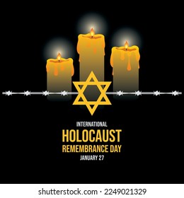 Vector del Día Internacional del Recuerdo del Holocausto. Llama de luto quemando, estrella judío de david y alambre de púas en una ilustración vectorial de fondo negro. 27 de enero. Día importante