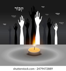 Vector del Día Internacional de Conmemoración del Holocausto, 27 de enero. Día de Conmemoración de la Segunda Guerra Mundial. La Estrella Amarilla de David usó siluetas de Ghetto y Campos de Concentración y manos de víctimas.	