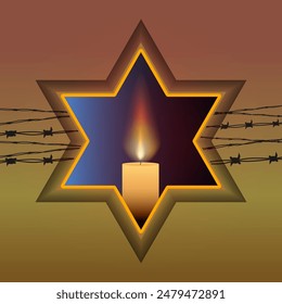 Vector del Día Internacional de Conmemoración del Holocausto, 27 de enero. Día de Conmemoración de la Segunda Guerra Mundial. La Estrella Amarilla de David usó siluetas de Ghetto y Campos de Concentración y manos de víctimas.	