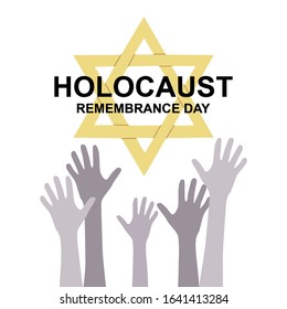 International Holocaust Remembrance Memorial Day, Yellow Star Of David International Day Of Fascist Concentration Camps And Ghetto Prisoners Liberation Card.  Victims Hands Silhouettes