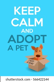 International Homeless Animals Day. Cute Puppy In A Box. Keep Calm An Adopt A Pet Text. Dog Rescue, Protection, Adoption Concept. Flyer, Poster Template. Vector Illustration