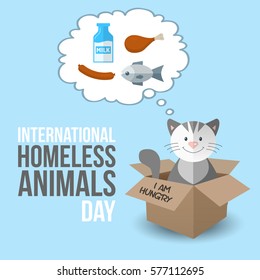 International homeless animals day. cute cartoon kitten in a box with I Am Hungry text. 