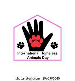 International Homeless Animals Day design template. Dog and cat paw print, heart and human hand with house. Vector clipart and drawing. Isolated illustration on white background.