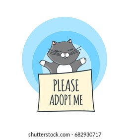International homeless animals day illustration vector. Cute grey cat in box with text banner Please Adopt me. Pets adoption design template.