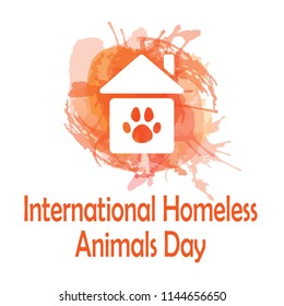 International homeless animals day. White silhouette of a house on a watercolor background. Orange illustration. Cat's paws