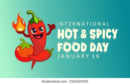 International Hot and Spicy Food Day banner vector illustration. Cute chili pepper and tomato characters 