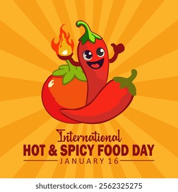 International Hot and Spicy Food Day to celebrate on January 16th. Illustration of a smiling chili pepper holding fire and a tomato with bold white text on a sunburst background.