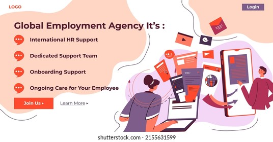 International HR support and help, ongoing care for your employment. Agency assisting with work related issues and problems. Website landing page template, online internet site. Vector in flat style