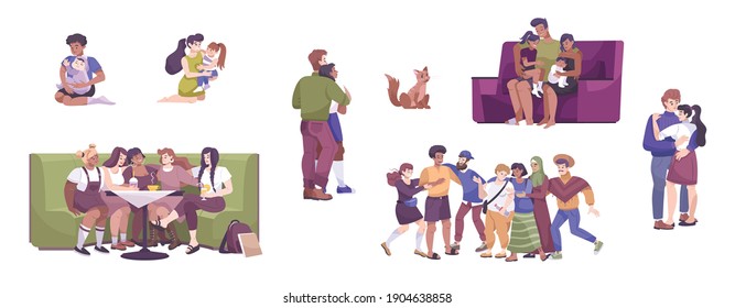 International hug day icon set with mom and dad with child friends together and lovers hugs vector illustration