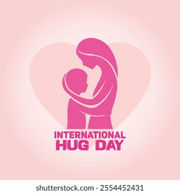 International Hug Day. January 21. Happy hug day background. Cartoon Vector illustration template for poster, banner, flyer, greeting card, cover, post. Silhouette of adult hugging child. Pink heart 