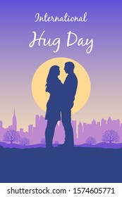 International Hug Day vector card with silhouette of couple on background of sunset landscape with city view, tree, sun and sky. Man and woman stand and embrace. Template with copy space for flyer.