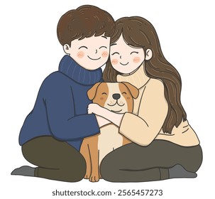 International Hug Day vector illustration on white background.Hug of love and affection.Happy Couple with a Dog.