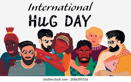 International Hug Day Web Banner With Hugging People Characters From Different Cultures.The Concept Of Friendship,global Equality,care And Love.Vector Hand Drawn Flat Illustration.