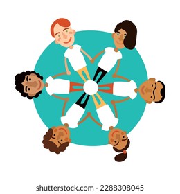 International human faces peace equality flat emblem with people standing together holding hands vector illustration