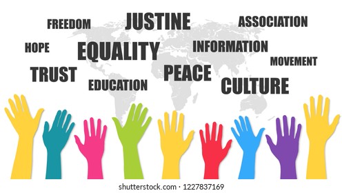 International human rights day. Hands up. Abstract banner. Vector