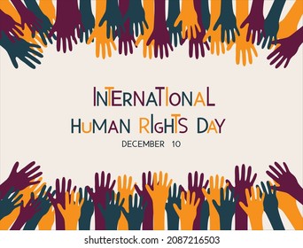 International human rights day on December 10, vector template with multicoloured hands background