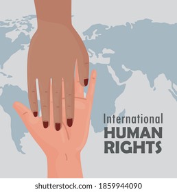 international human rights lettering poster with interracial handshake vector illustration design