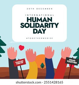 Día internacional de la solidaridad humana. 20 de diciembre Anuncio de celebración del Día de la Solidaridad Humana con las manos al aire.  El día promoverá la unidad, la amabilidad y la diversidad y mejorará el bienestar global. 