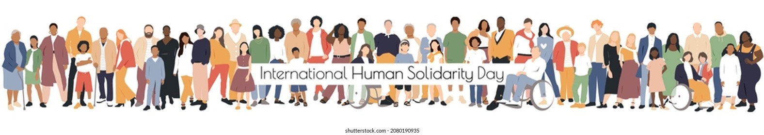 International Human Solidarity Day banner. People of different ethnicities stand side by side together. Flat vector illustration.	