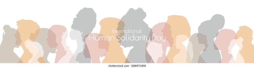 International Human Solidarity Day banner. People of different ethnicities stand side by side together. Flat vector illustration.