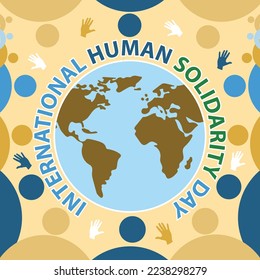 International Human Solidarity day banner design celebrated in December every year. Vector banner design background celebrating human solidarity day worldwide with world map  globe, people and hands.