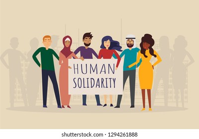 International human solidarity day concept diverse friend group from different cultures hugging together for community help, social equality. Background with big city. Vector illustration.