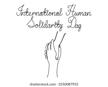 Dia Internacional da Solidariedade Humana. Feriado. Duas mãos se agitam, desenho de arte de linha única contínua esboço, logotipo