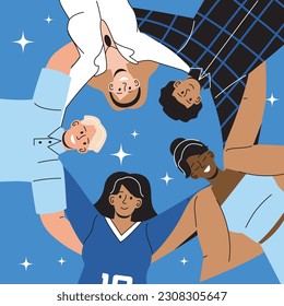International human solidarity day. Men and women embrace and stand in circle. Teamwork and friendship, good relationship between young guys and girls, unity. Doodle flat vector illustration