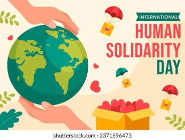 Ilustración vectorial del Día Internacional de la Solidaridad Humana el 20 de diciembre con la Tierra, las manos y el amor por la gente ayuda a la persona con fondo de caricatura plana