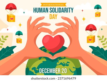 Ilustración vectorial del Día Internacional de la Solidaridad Humana el 20 de diciembre con la Tierra, las manos y el amor por la gente ayuda a la persona con fondo de caricatura plana