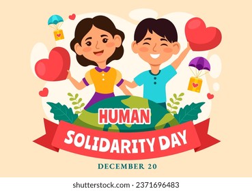 International Human Solidarity Day Vector Illustration on December 20 with Earth, Hands and Love for People Help Person in Kids Cartoon Background