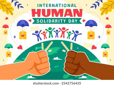 International Human Solidarity Day Vector Illustration on December 20 Featuring Earth, Hands, and Love Symbolizing Help and Support for People