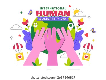 Ilustración vectorial del Día Internacional de la Solidaridad Humana con símbolos de la Tierra, las manos y el amor que representan la unidad, la ayuda y la Asistencia para las Personas