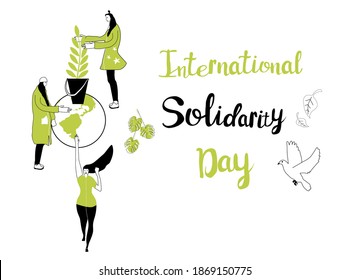 International Human Solidarity Day.Tree of global equality grows on the Earth.United Nations holiday.Our unity in diversity.Respect all religions concept. Vector in doodle style.Black and green colors