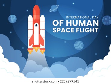 International Human Space Flight Day on April 12 Illustration with Rocket and Kids Astronaut in Flat Cartoon Hand Drawn for Landing Page Templates