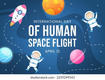 International Human Space Flight Day on April 12 Illustration with Rocket and Kids Astronaut in Flat Cartoon Hand Drawn for Landing Page Templates