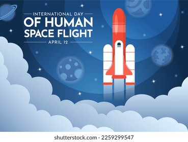 Día Internacional del Vuelo Espacial Humano el 12 de abril Ilustración con astronauta de cohetes y niños en mano de caricatura plana dibujada para plantillas de páginas de aterrizaje