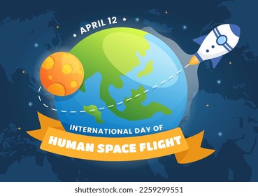 International Human Space Flight Day on April 12 Illustration with Rocket and Kids Astronaut in Flat Cartoon Hand Drawn for Landing Page Templates