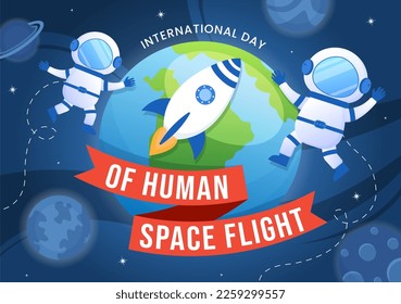 Día Internacional del Vuelo Espacial Humano el 12 de abril Ilustración con astronauta de cohetes y niños en mano de caricatura plana dibujada para plantillas de páginas de aterrizaje