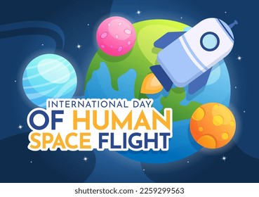 International Human Space Flight Day on April 12 Illustration with Rocket and Kids Astronaut in Flat Cartoon Hand Drawn for Landing Page Templates