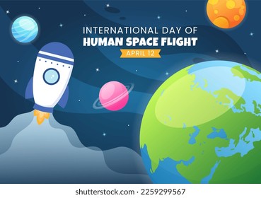 International Human Space Flight Day on April 12 Illustration with Rocket and Kids Astronaut in Flat Cartoon Hand Drawn for Landing Page Templates