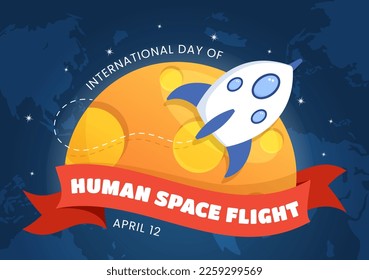 International Human Space Flight Day on April 12 Illustration with Rocket and Kids Astronaut in Flat Cartoon Hand Drawn for Landing Page Templates