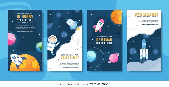 International Human Space Flight Day Social Media Stories Cartoon Hand Drawn Templates Background Illustration