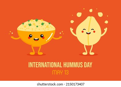 International Hummus Day vector greeting card, illustration with cute cartoon style hummus bowl and chickpea characters having fun and celebrating. May 13.