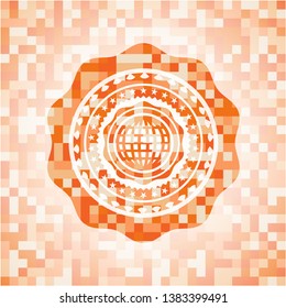 international icon inside abstract emblem, orange mosaic background