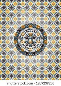 international icon inside arabic badge background. Arabesque decoration.