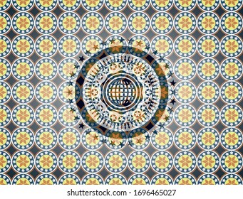 international icon inside arabic badge. Arabesque decoration.